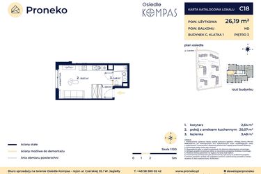Rzut - Mieszkanie na sprzedaż 1 pokój o powierzchni 26,07 m² - numer C18 w Osiedle Kompas
