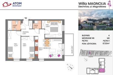 Rzut - Mieszkanie na sprzedaż 4 pokoje o powierzchni 67,02 m² - numer Bud.4-8 w Willa Magnolia