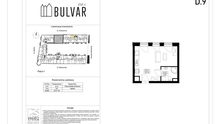 Rzut - Mieszkanie na sprzedaż 1 pokój o powierzchni 26,01 m² - numer D9 w Bulvar etap II