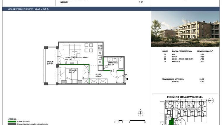 Rzut - Mieszkanie na sprzedaż 2 pokoje o powierzchni 39,7 m² - numer C-16 w Hillence etap 3