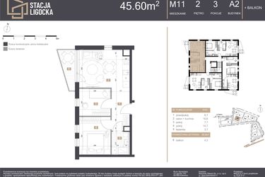 Rzut - Mieszkanie na sprzedaż 3 pokoje o powierzchni 45,6 m² - numer A2_M11 w Stacja Ligocka
