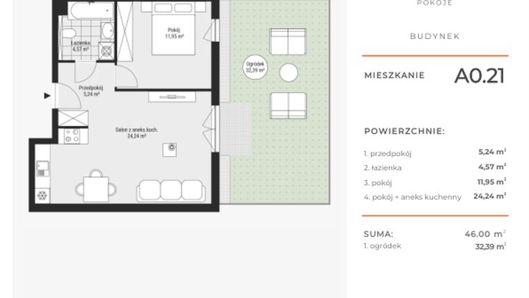 Rzut - Mieszkanie na sprzedaż 2 pokoje o powierzchni 46,01 m² - numer A0.21 w Enklawa Bukowa