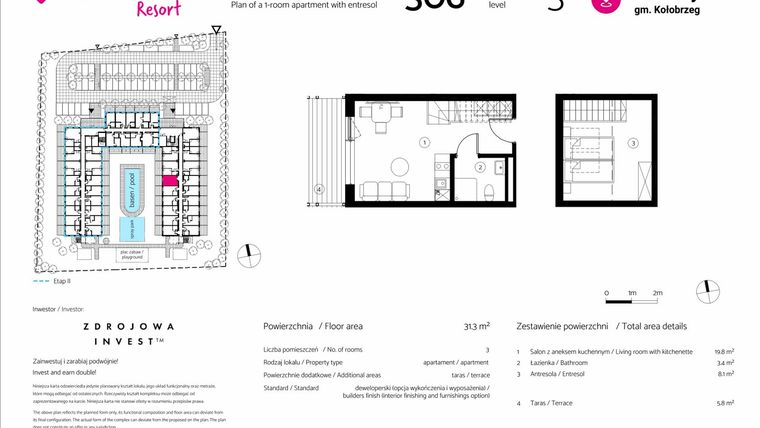 Rzut - Mieszkanie na sprzedaż 1 pokój o powierzchni 31,3 m² - numer 306 w VacationClub Resort