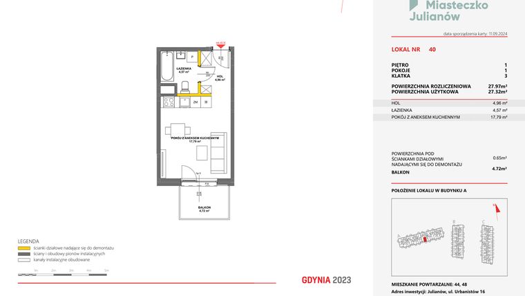 Rzut - Mieszkanie na sprzedaż 1 pokój o powierzchni 27,97 m² - numer 40 w Miasteczko Julianów