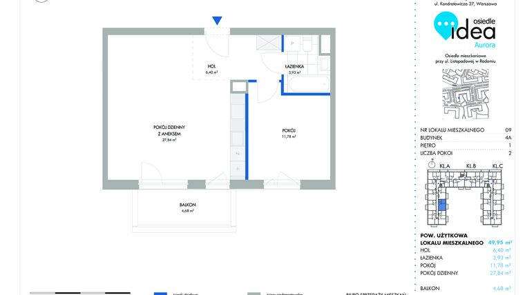 Rzut - Mieszkanie na sprzedaż 2 pokoje o powierzchni 50,06 m² - numer 9.4A w Osiedle Idea Aurora
