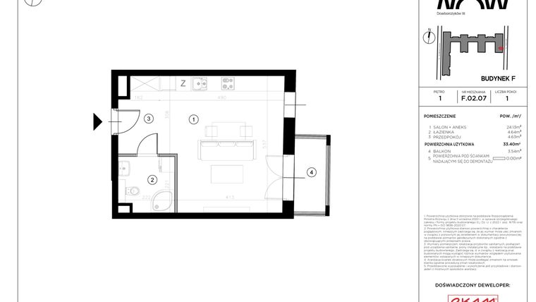 Rzut - Mieszkanie na sprzedaż 1 pokój o powierzchni 33,4 m² - numer F.02.07 w NOW