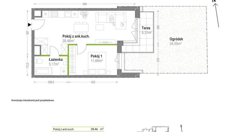 Rzut - Mieszkanie na sprzedaż 2 pokoje o powierzchni 45,29 m² - numer A.A.0.03 w Głębocka Vita