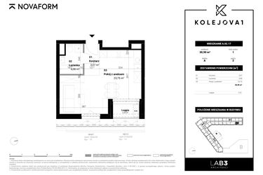 Rzut - Mieszkanie na sprzedaż 1 pokój o powierzchni 30,9 m² - numer A-02-17 w Kolejova 1