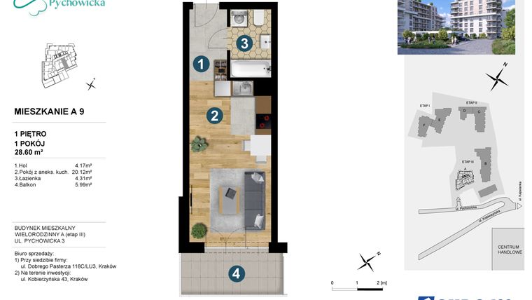 Rzut - Mieszkanie na sprzedaż 1 pokój o powierzchni 28,6 m² - numer A.9 w Kapelanka-Pychowicka Etap III