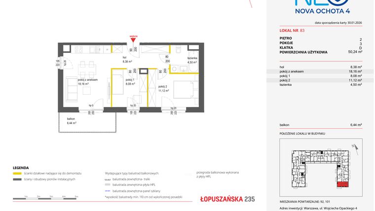 Rzut - Mieszkanie na sprzedaż 3 pokoje o powierzchni 50,24 m² - numer 83 w Neo Nova Ochota 4