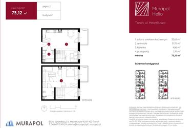 Rzut - Mieszkanie na sprzedaż 1 pokój o powierzchni 73,12 m² - numer 1.A.2.02 w Murapol Helio bud. 1 i 4