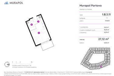 Rzut - Mieszkanie na sprzedaż 1 pokój o powierzchni 27,12 m² - numer 1.B.3.11 w Murapol Portovo etap II