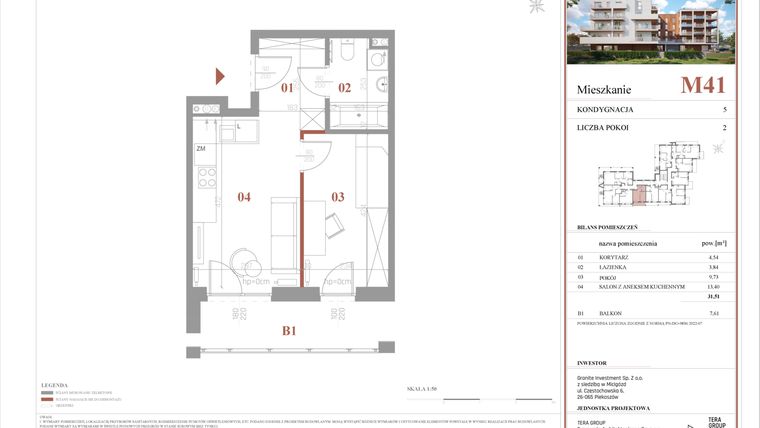 Rzut - Mieszkanie na sprzedaż 2 pokoje o powierzchni 31,51 m² - numer M41 w Warszawskie Wzgórze