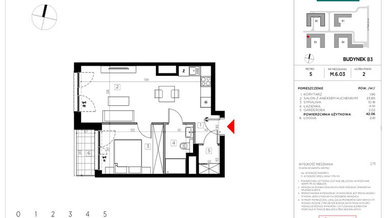 Rzut - Mieszkanie na sprzedaż 2 pokoje o powierzchni 42,06 m² - numer M.6.03 w CityFlow etap II