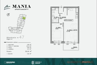 Rzut - Mieszkanie na sprzedaż 2 pokoje o powierzchni 38,99 m² - numer 47 w MANIA Apartamenty