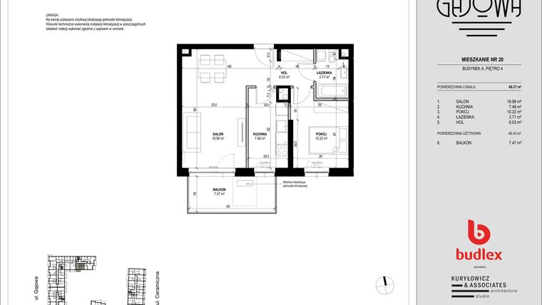Rzut - Mieszkanie na sprzedaż 2 pokoje o powierzchni 48,37 m² - numer 20 w Gajowa bud. A