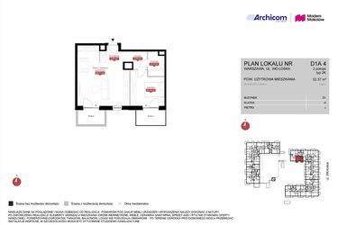 Rzut - Mieszkanie na sprzedaż 2 pokoje o powierzchni 52,57 m² - numer D1A 4 w Modern Mokotów etap 4, budynek D1 i D2