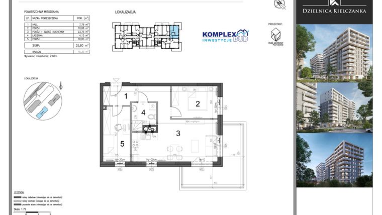 Rzut - Mieszkanie na sprzedaż 3 pokoje o powierzchni 55,8 m² - numer 57 w Dzielnica Kielczanka etap II