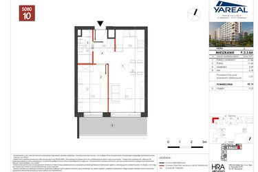 Rzut - Mieszkanie na sprzedaż 2 pokoje o powierzchni 43,16 m² - numer F.3.3.64 w SOHO by Yareal (SOHO 10)