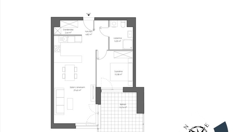 Rzut - Mieszkanie na sprzedaż 2 pokoje o powierzchni 53,82 m² - numer H.207 w Nautica Resort etap III