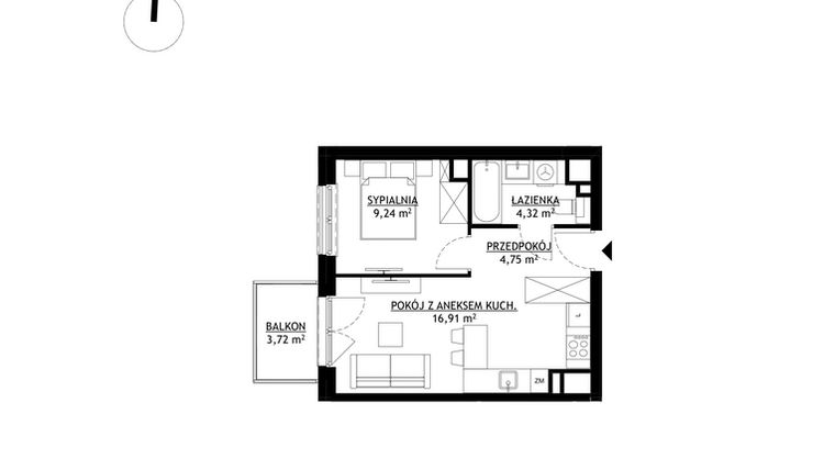 Rzut - Mieszkanie na sprzedaż 2 pokoje o powierzchni 35,22 m² - numer A48 w FUTURO
