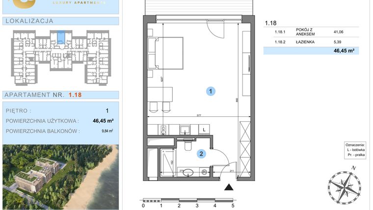 Rzut - Mieszkanie na sprzedaż 1 pokój o powierzchni 46,45 m² - numer 1.18 w Ustronie Luxury Apartments