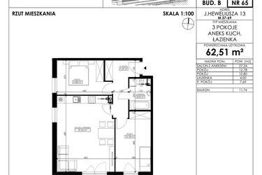 Rzut - Mieszkanie na sprzedaż 3 pokoje o powierzchni 62,51 m² - numer JAR-II-B-LM-M65 w Osiedle JAR Heweliusza etap II