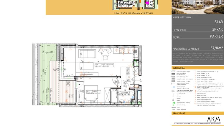 Rzut - Mieszkanie na sprzedaż 2 pokoje o powierzchni 37,94 m² - numer B1.43 w Nova Daliova