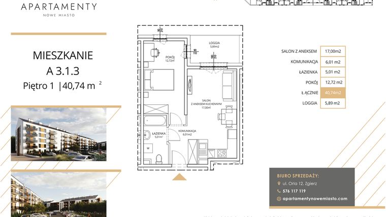Rzut - Mieszkanie na sprzedaż 2 pokoje o powierzchni 40,74 m² - numer A3.1.3 w Apartamenty Nowe Miasto