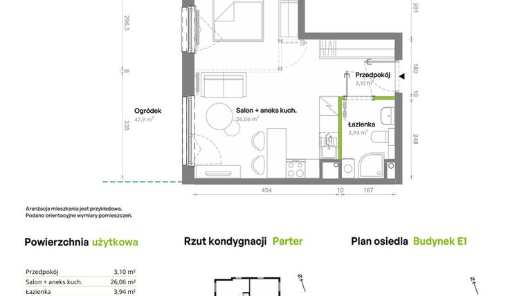 Rzut - Mieszkanie na sprzedaż 1 pokój o powierzchni 33,1 m² - numer E1.00.01 w Południe Vita