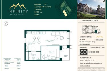 Rzut - Mieszkanie na sprzedaż 2 pokoje o powierzchni 39,58 m² - numer B1/0/2 w Infinity Mountain Resort etap 2