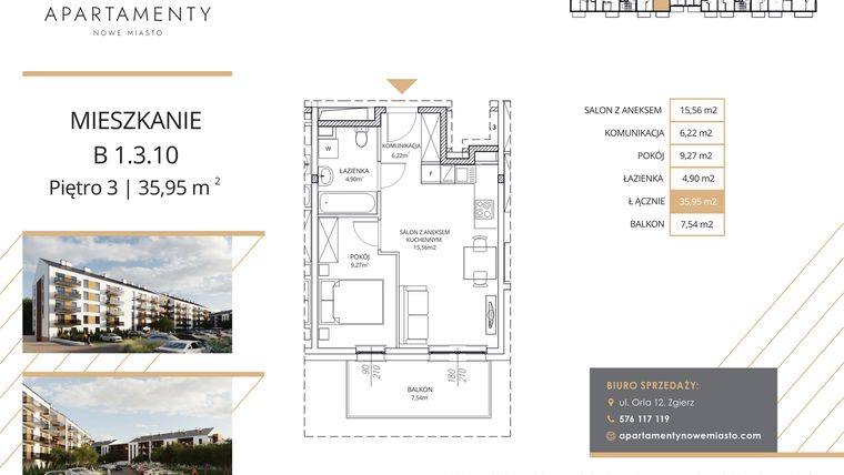 Rzut - Mieszkanie na sprzedaż 2 pokoje o powierzchni 35,95 m² - numer B1.3.10 w Apartamenty Nowe Miasto