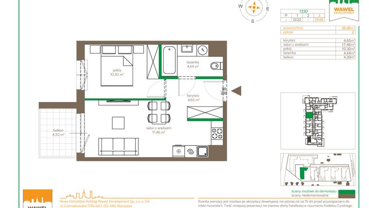 Rzut - Mieszkanie na sprzedaż 2 pokoje o powierzchni 36,8 m² - numer D/48 w Ostródzka 123 - I etap