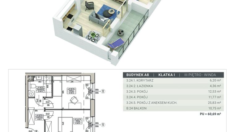 Rzut - Mieszkanie na sprzedaż 3 pokoje o powierzchni 60,69 m² - numer A.8.M24 w Sobola Biel A8