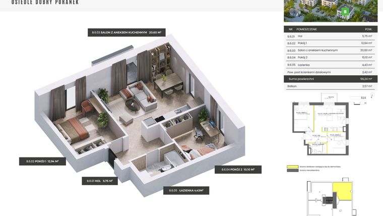 Rzut - Mieszkanie na sprzedaż 3 pokoje o powierzchni 56,24 m² - numer B.2.6 w Dobry Poranek