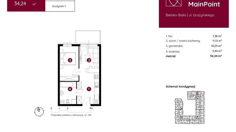 Rzut - Mieszkanie na sprzedaż 1 pokój o powierzchni 34,24 m² - numer 1.A.1.07 w Murapol MainPoint