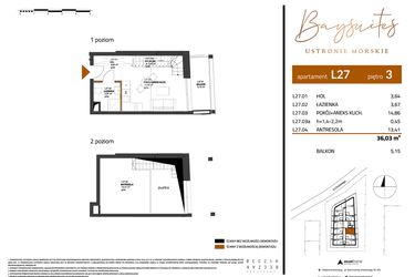Rzut - Mieszkanie na sprzedaż 2 pokoje o powierzchni 36,03 m² - numer AP.3.27 w Baysuites