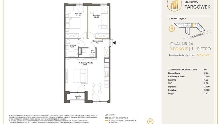 Rzut - Mieszkanie na sprzedaż 3 pokoje o powierzchni 69,28 m² - numer 24 w Markowy Targówek