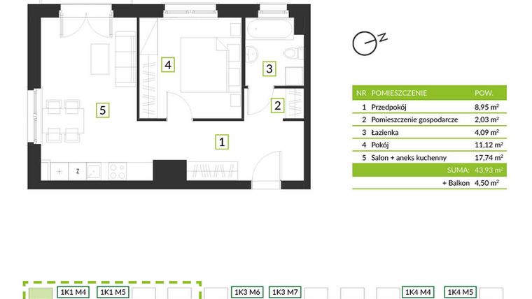 Rzut - Mieszkanie na sprzedaż 2 pokoje o powierzchni 43,93 m² - numer 1K1 M4 w Osiedle Krzeptów przy lesie
