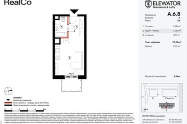 Rzut - Mieszkanie na sprzedaż 1 pokój o powierzchni 27,04 m² - numer A.6.8 w Elewator - Mieszkania i Lofty