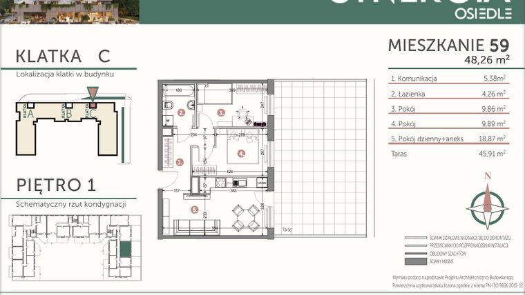 Rzut - Mieszkanie na sprzedaż 3 pokoje o powierzchni 48,26 m² - numer M59 w SYNERGIA
