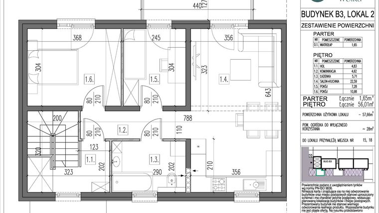 Rzut - Mieszkanie na sprzedaż 3 pokoje o powierzchni 57,66 m² - numer B3/2 w Spokojna Wólka etap III