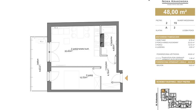 Rzut - Mieszkanie na sprzedaż 2 pokoje o powierzchni 48 m² - numer A.2.15 w Nowa Krakowska