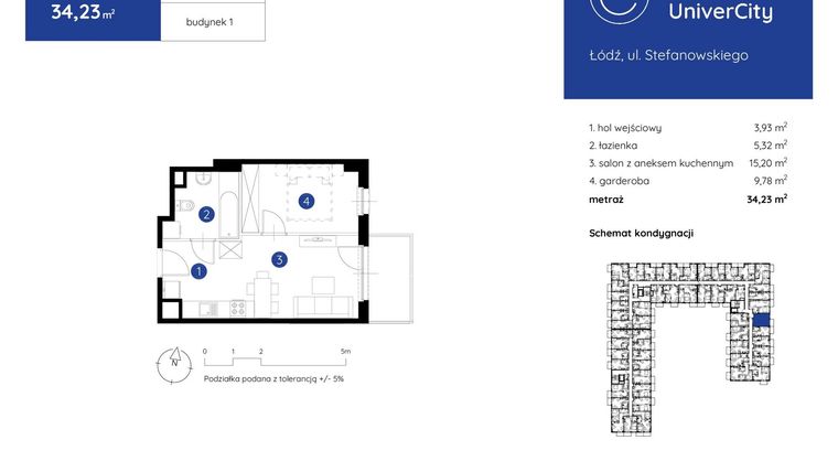Rzut - Mieszkanie na sprzedaż 1 pokój o powierzchni 34,23 m² - numer 1.C.5.12 w Murapol UniverCity