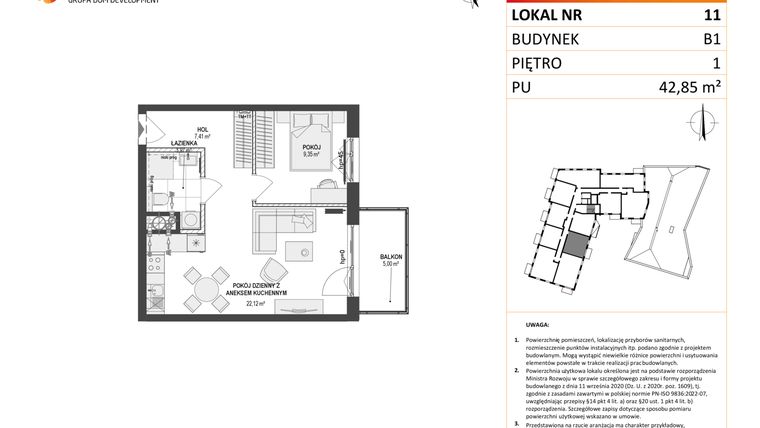 Rzut - Mieszkanie na sprzedaż 2 pokoje o powierzchni 42,85 m² - numer 11 w Leśna Góra