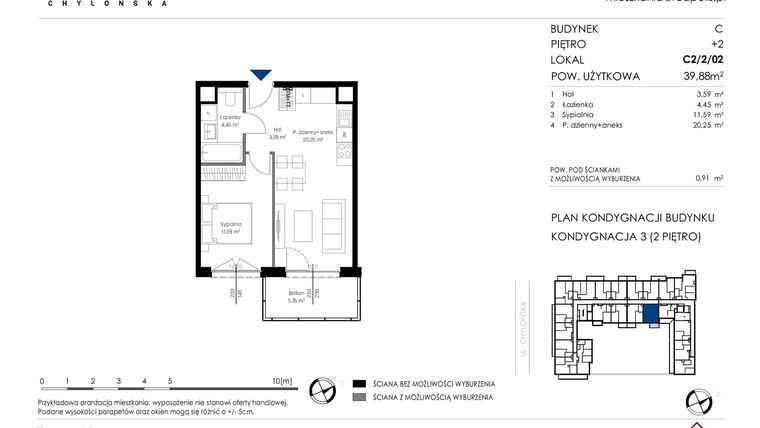 Rzut - Mieszkanie na sprzedaż 2 pokoje o powierzchni 39,88 m² - numer C2/2/02 w Chylońska STO10 etap III