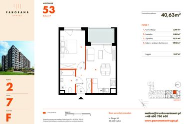 Rzut - Mieszkanie na sprzedaż 2 pokoje o powierzchni 40,63 m² - numer F53 w Panorama Struga