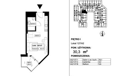 Rzut - Mieszkanie na sprzedaż 1 pokój o powierzchni 30,3 m² - numer 127 w Apollo Resort