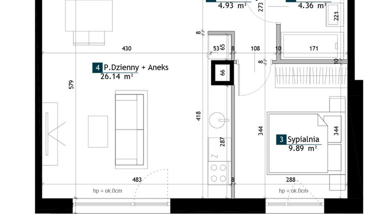 Rzut - Mieszkanie na sprzedaż 2 pokoje o powierzchni 45,32 m² - numer BG0302 w Viva Cité