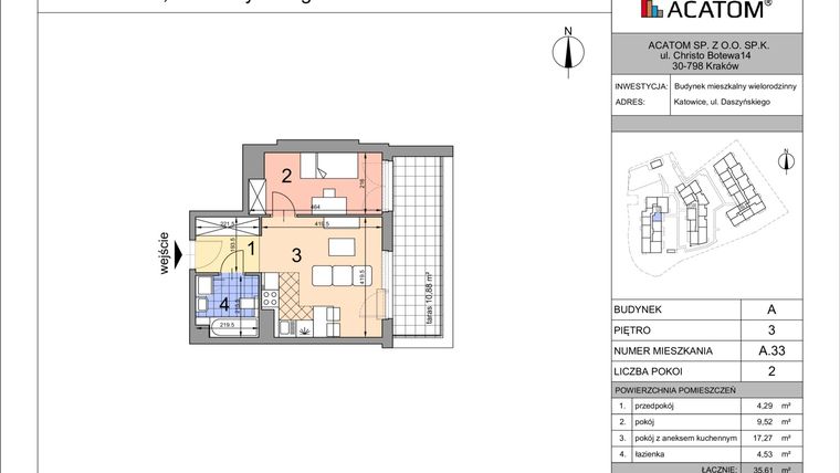 Rzut - Mieszkanie na sprzedaż 2 pokoje o powierzchni 35,61 m² - numer A33 w Daszyńskiego Park